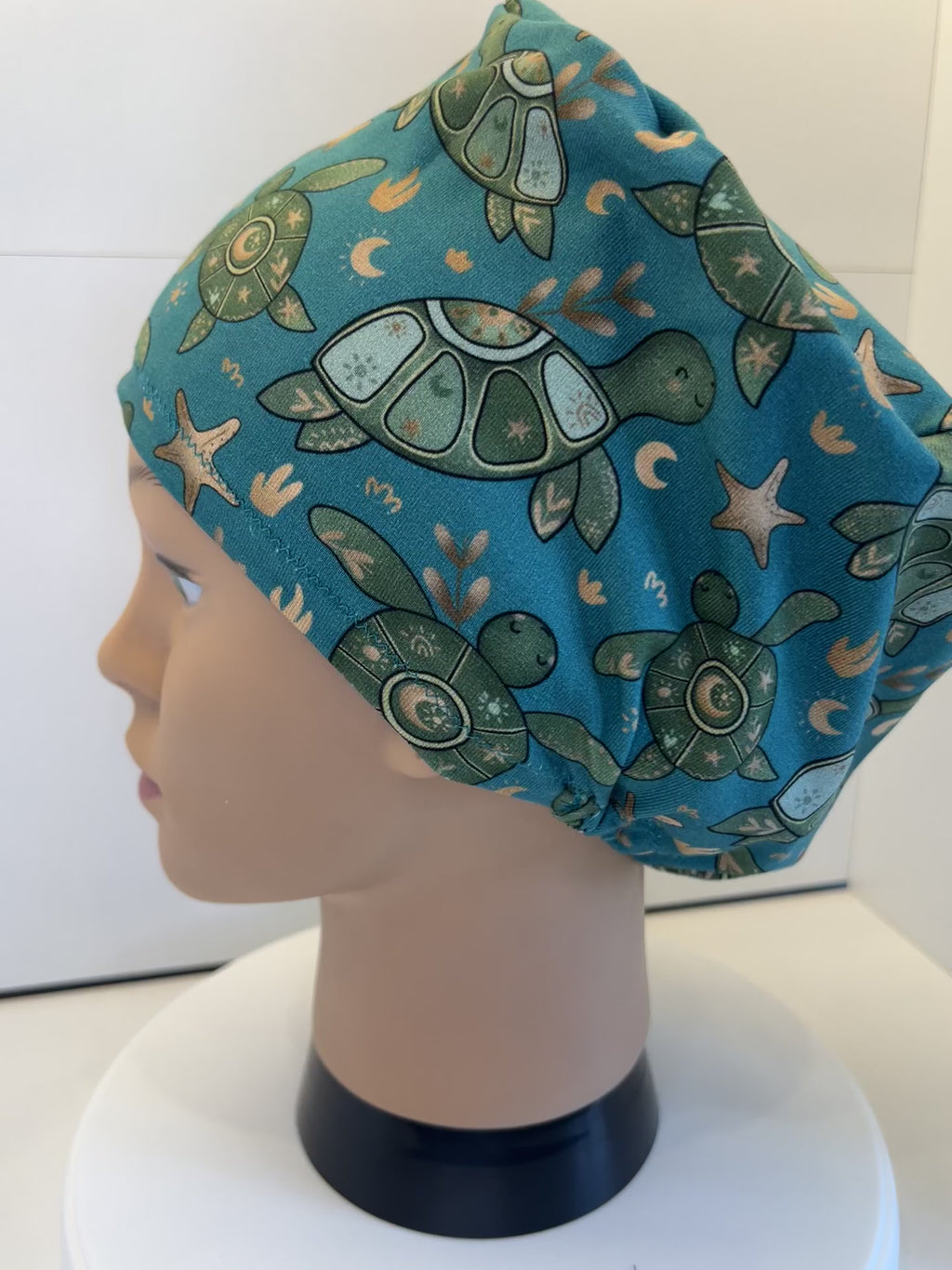 Teal Turtles Soft Jersey Fabric theatre scrub cap / hat.  Ethically made. Standard and Large size