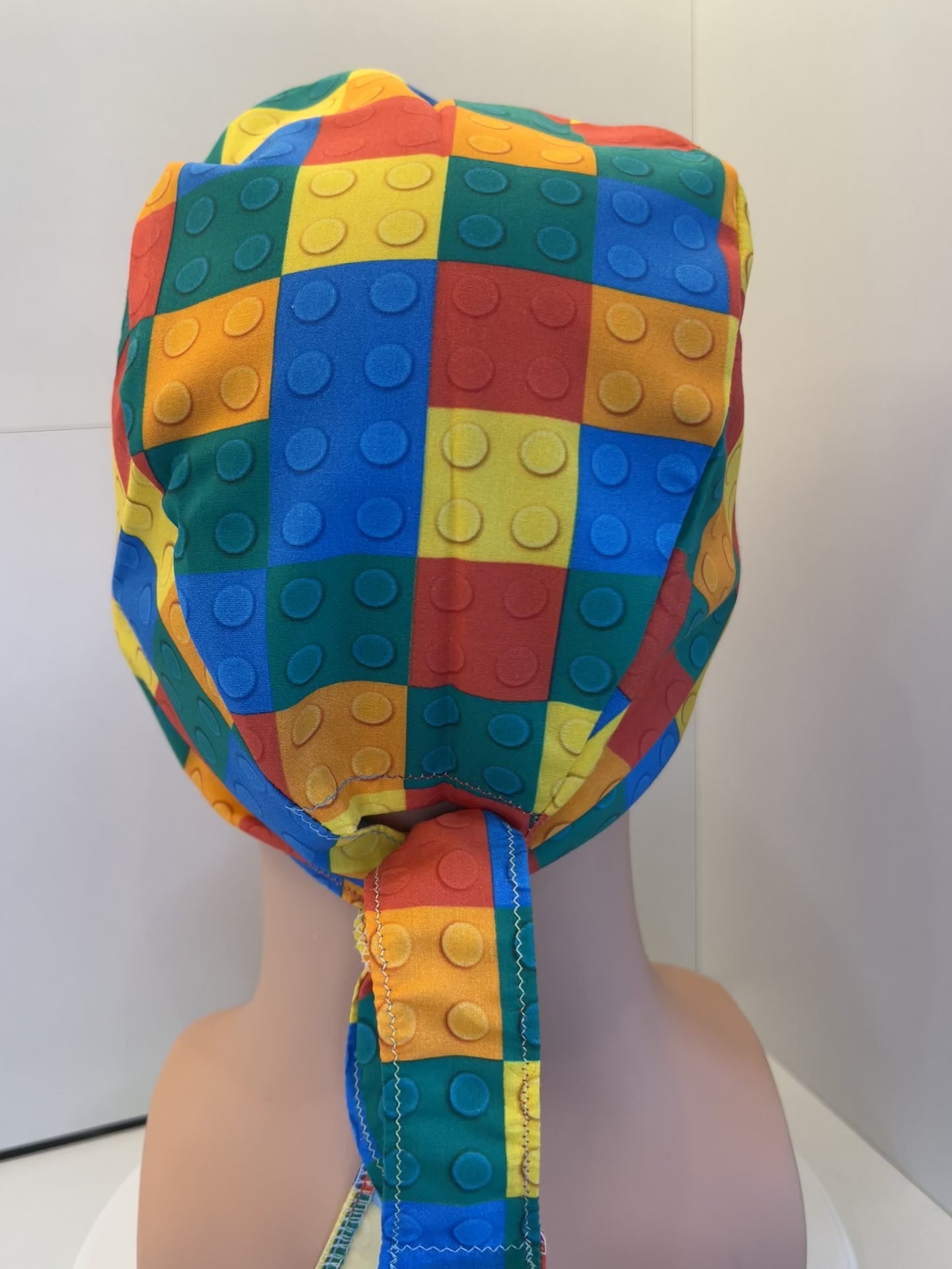 Bright Lego Bricks 100% Cotton Tie-Back Surgical/Theatre Scrub Hat/Cap. UK Handmade