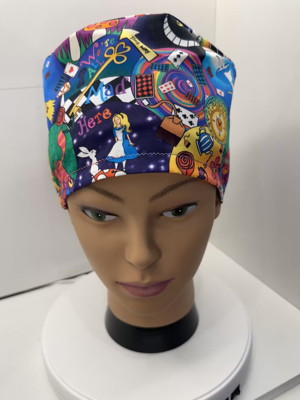 Alice in Wonderland Themed 100% Cotton Surgical/Theatre Scrub Hat/Cap. UK Handmade Optional Satin lining.
