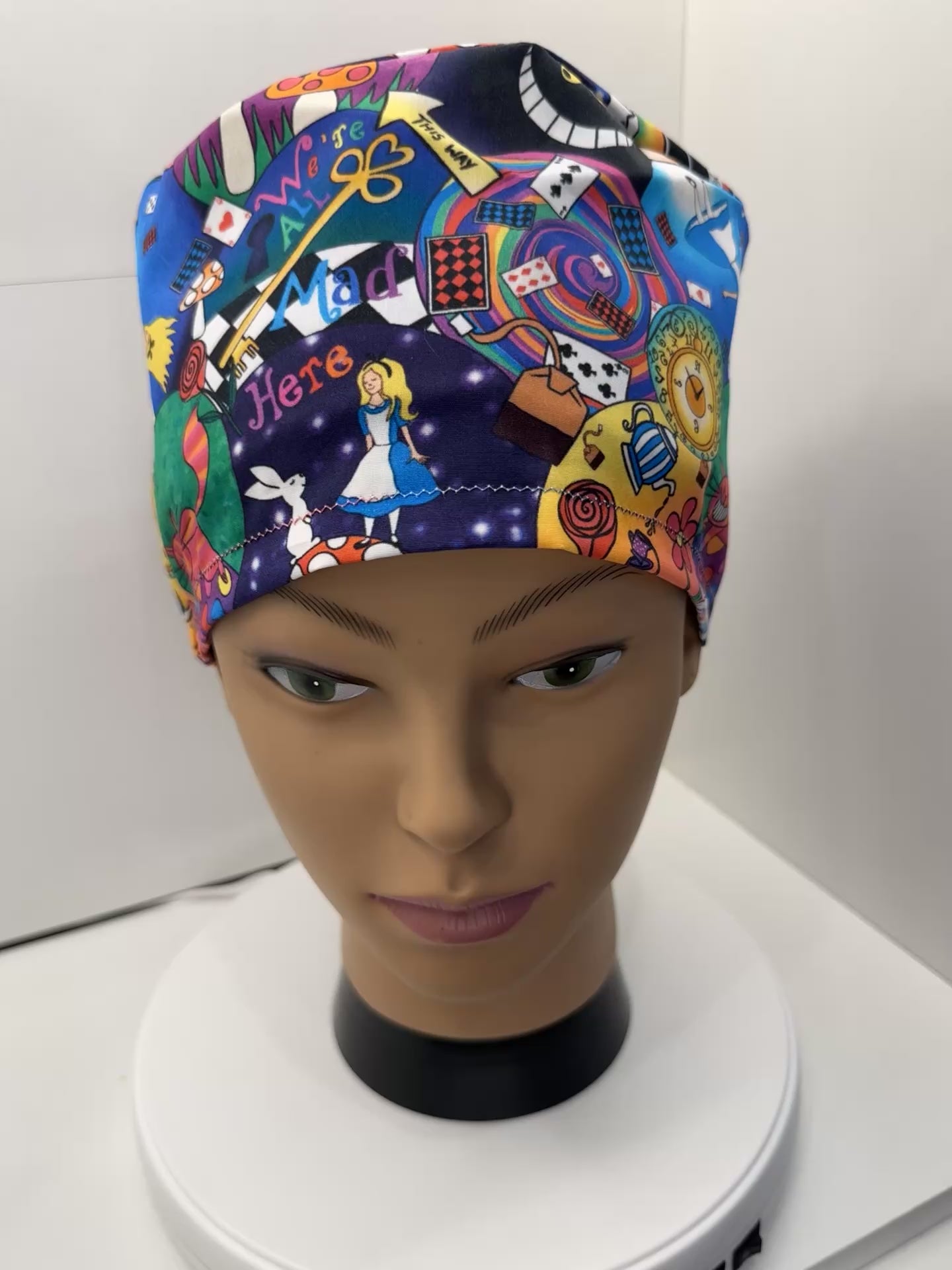 Alice in Wonderland Themed 100% Cotton Surgical/Theatre Scrub Hat/Cap. UK Handmade Optional Satin lining.