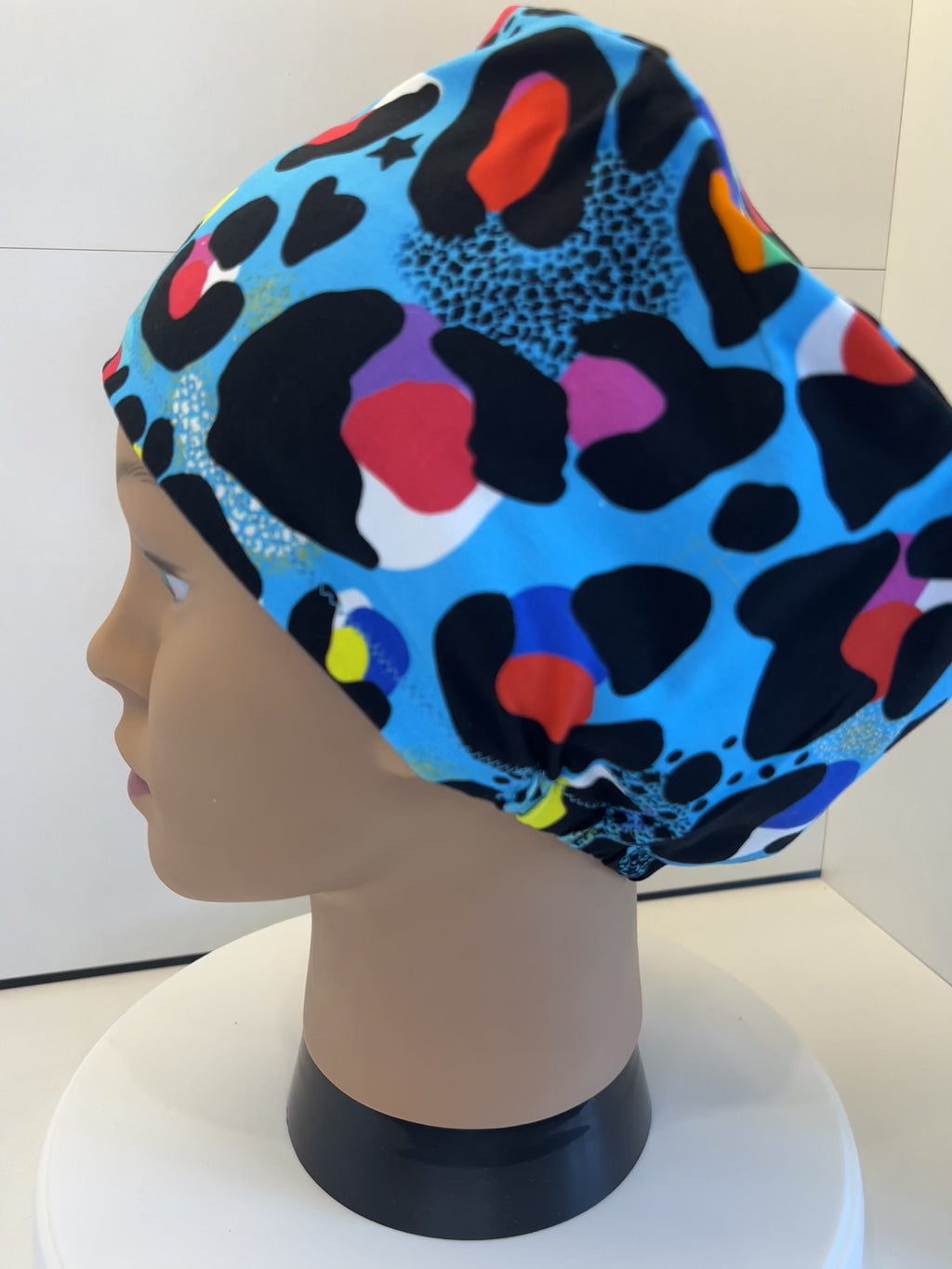 Turquoise Leopard Print Soft Jersey Fabric theatre scrub cap / hat.  Ethically made. Standard and Large size