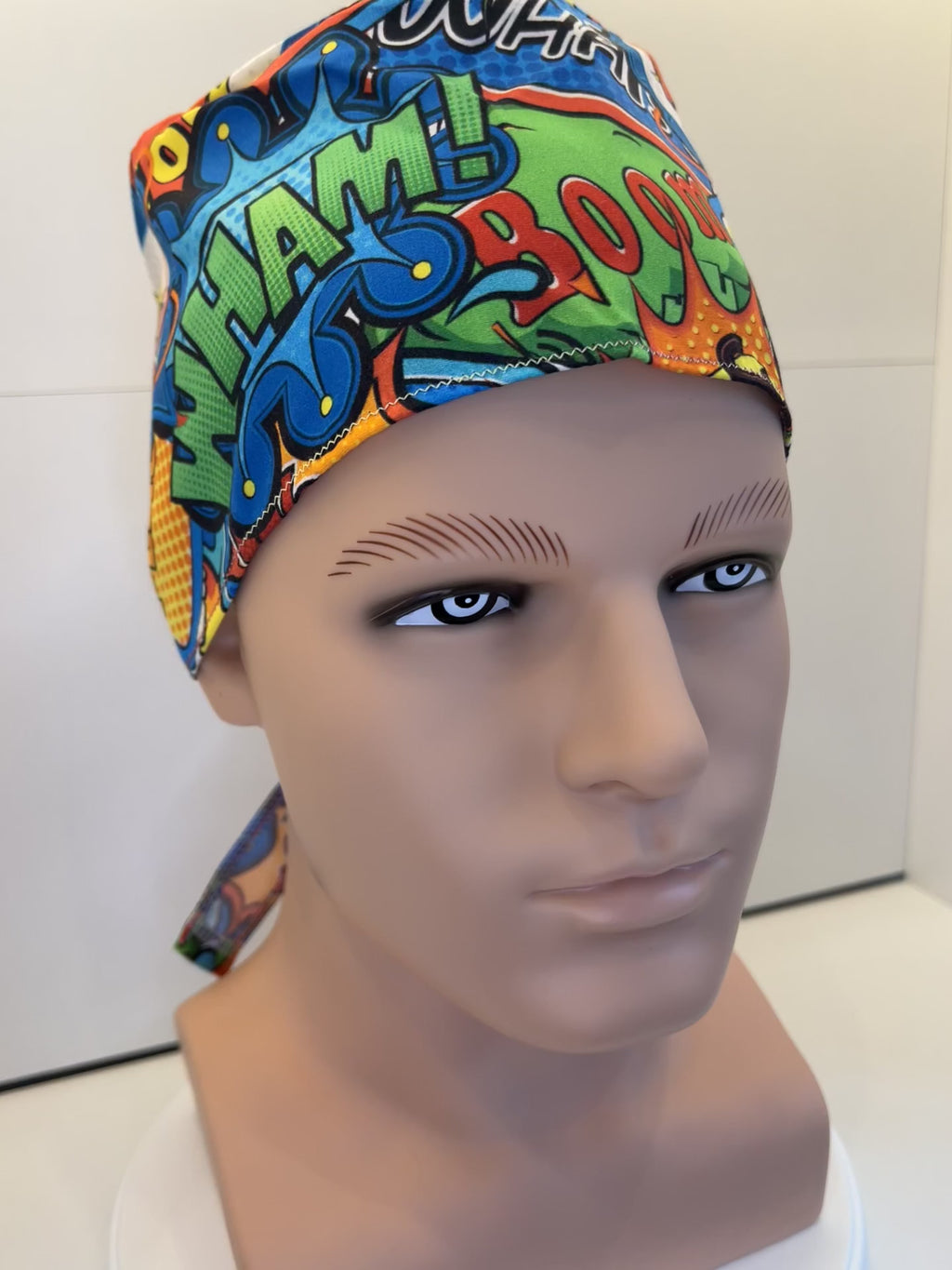 Bright Superhero Slogans Cotton Fabric tie-back theatre scrub cap / hat