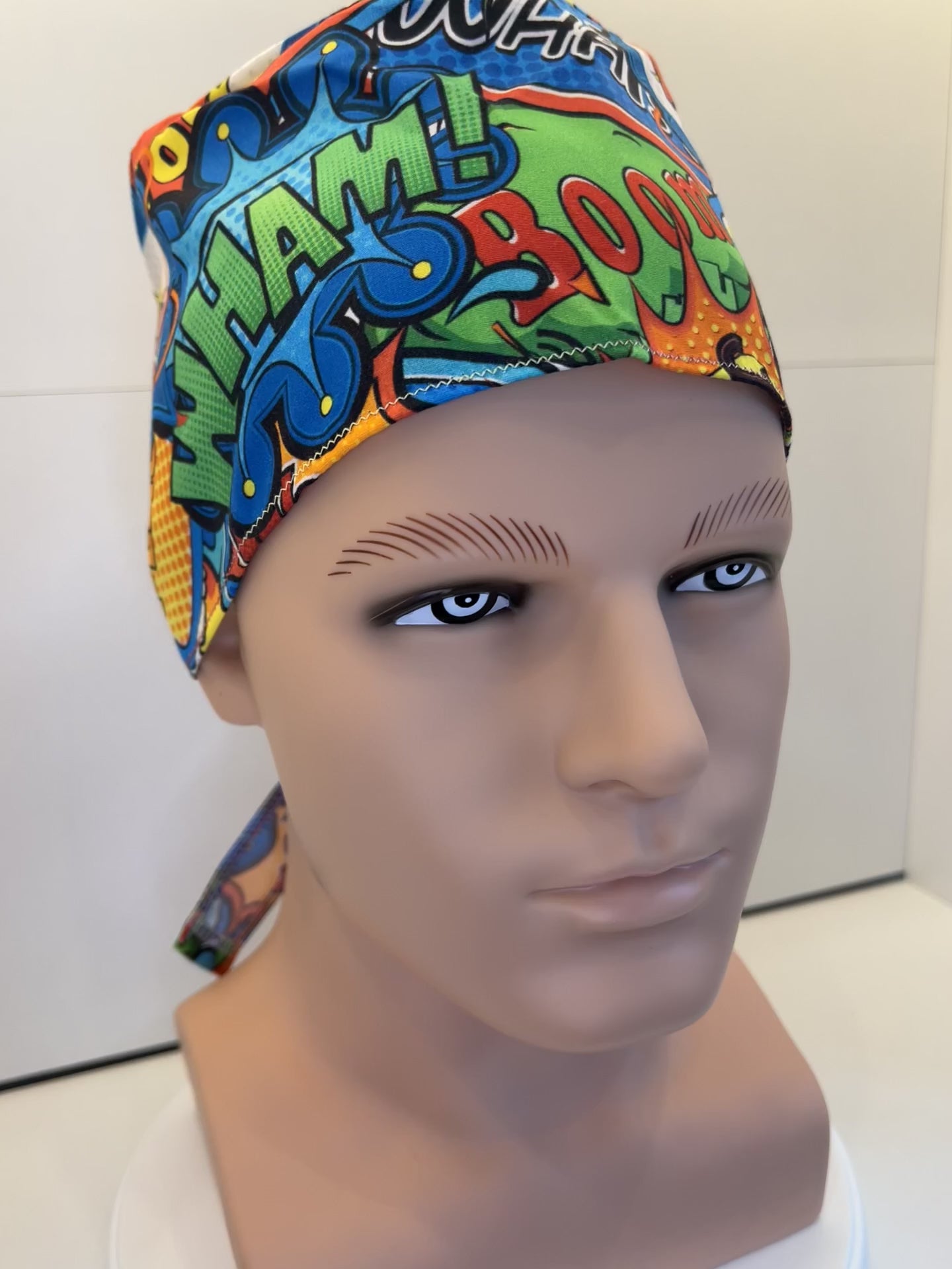 Bright Superhero Slogans Cotton Fabric tie-back theatre scrub cap / hat