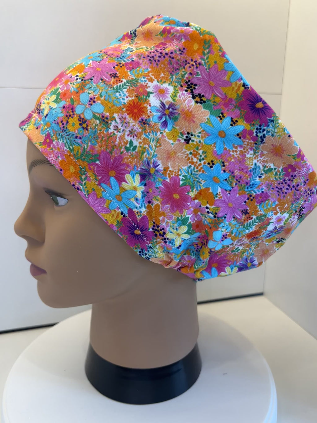 Bright Floral Premium Cotton Jersey Super Soft Surgical/Theatre Scrub Hat/Cap. UK Handmade