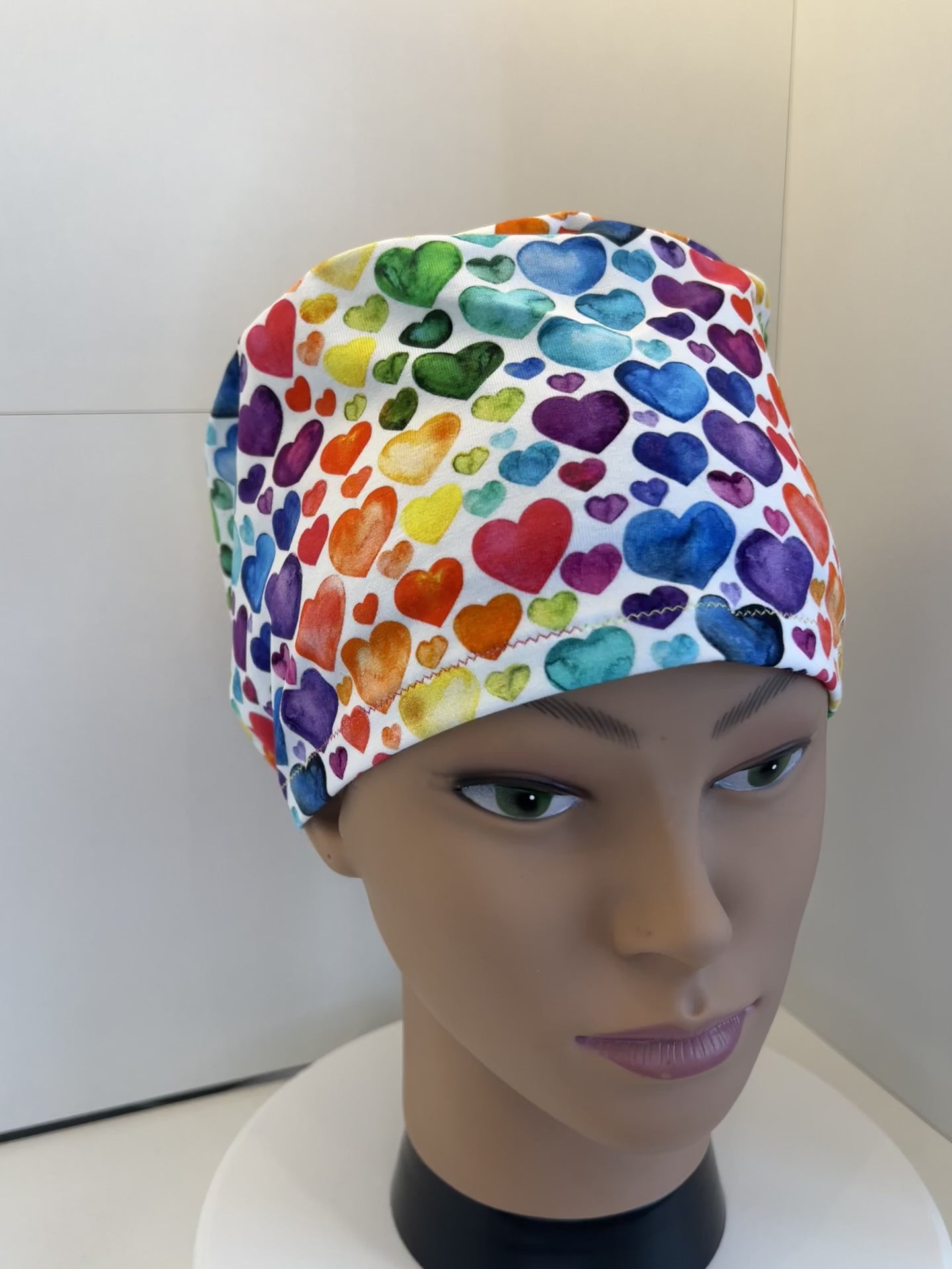 Rainbow Hearts Soft Jersey Fabric theatre scrub cap / hat.  Ethically made. Standard and Large size