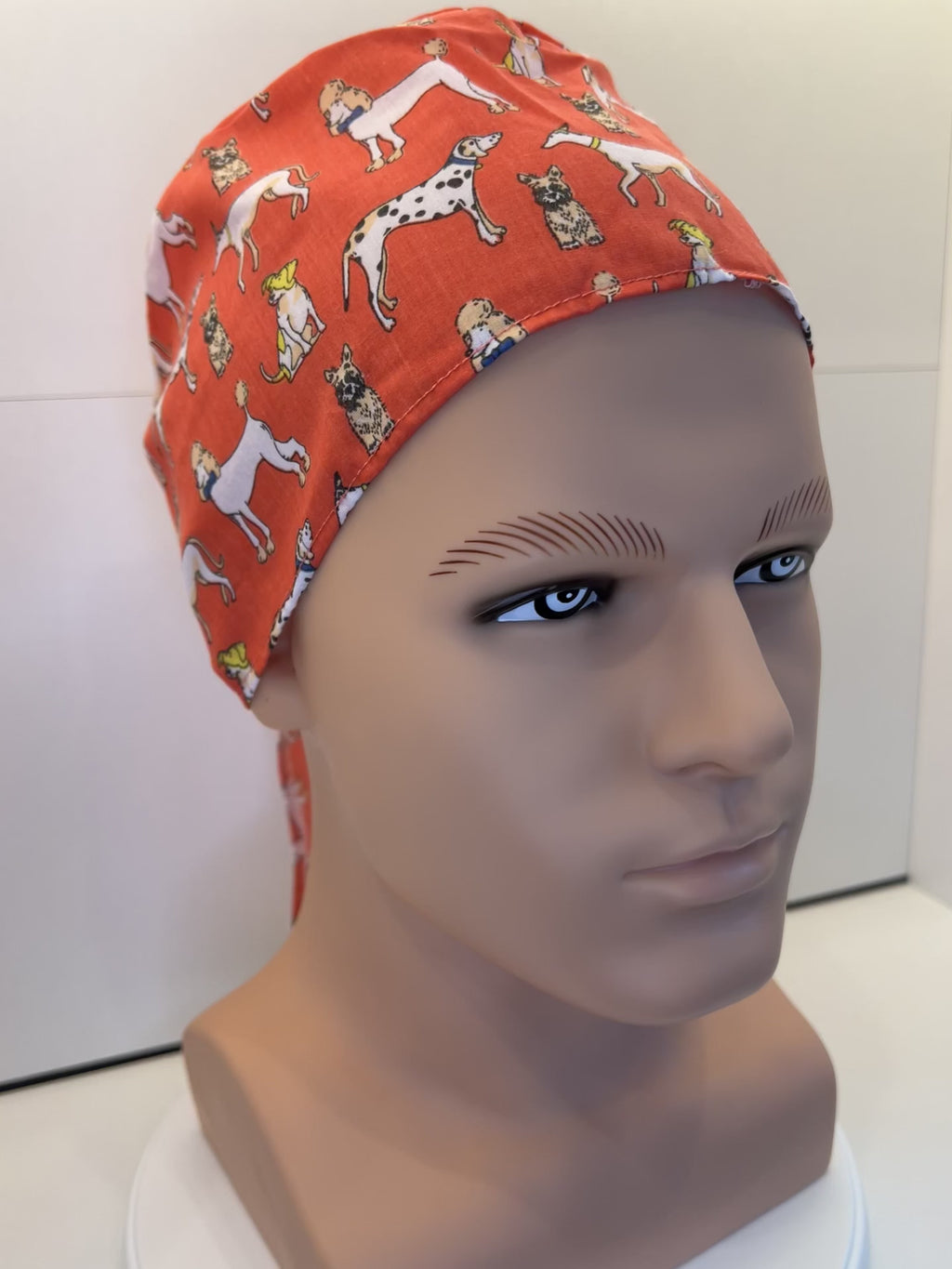 Coral Dogs Cotton Fabric tie-back theatre scrub cap / hat.  Ethically made