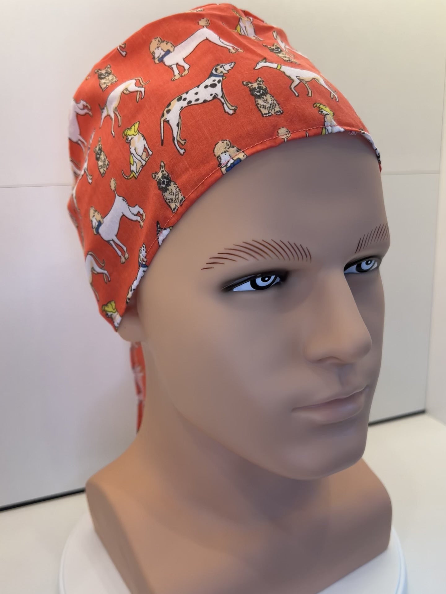 Coral Dogs Cotton Fabric tie-back theatre scrub cap / hat.  Ethically made