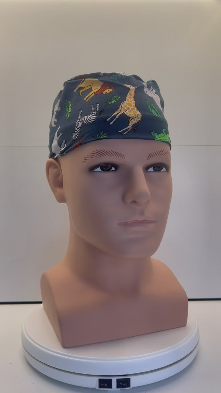 Navy Safari Trails Tie Back Scrub hat/theatre hat - UK Handmade