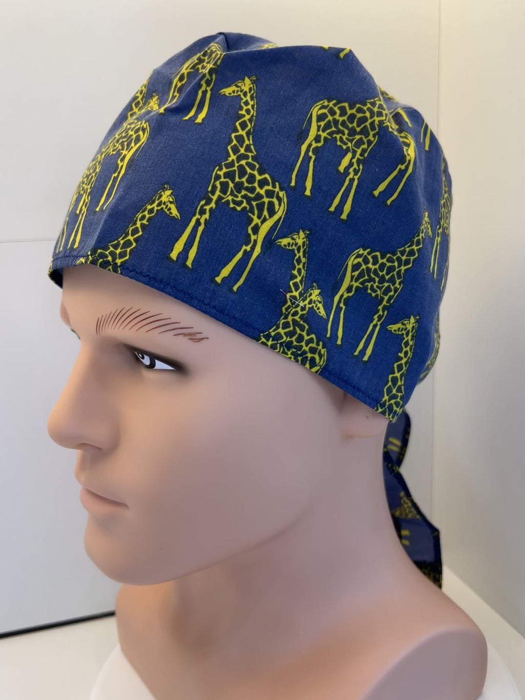 Blue Giraffes 100% Cotton Tie-Back Surgical/Theatre Scrub Hat/Cap. UK Handmade