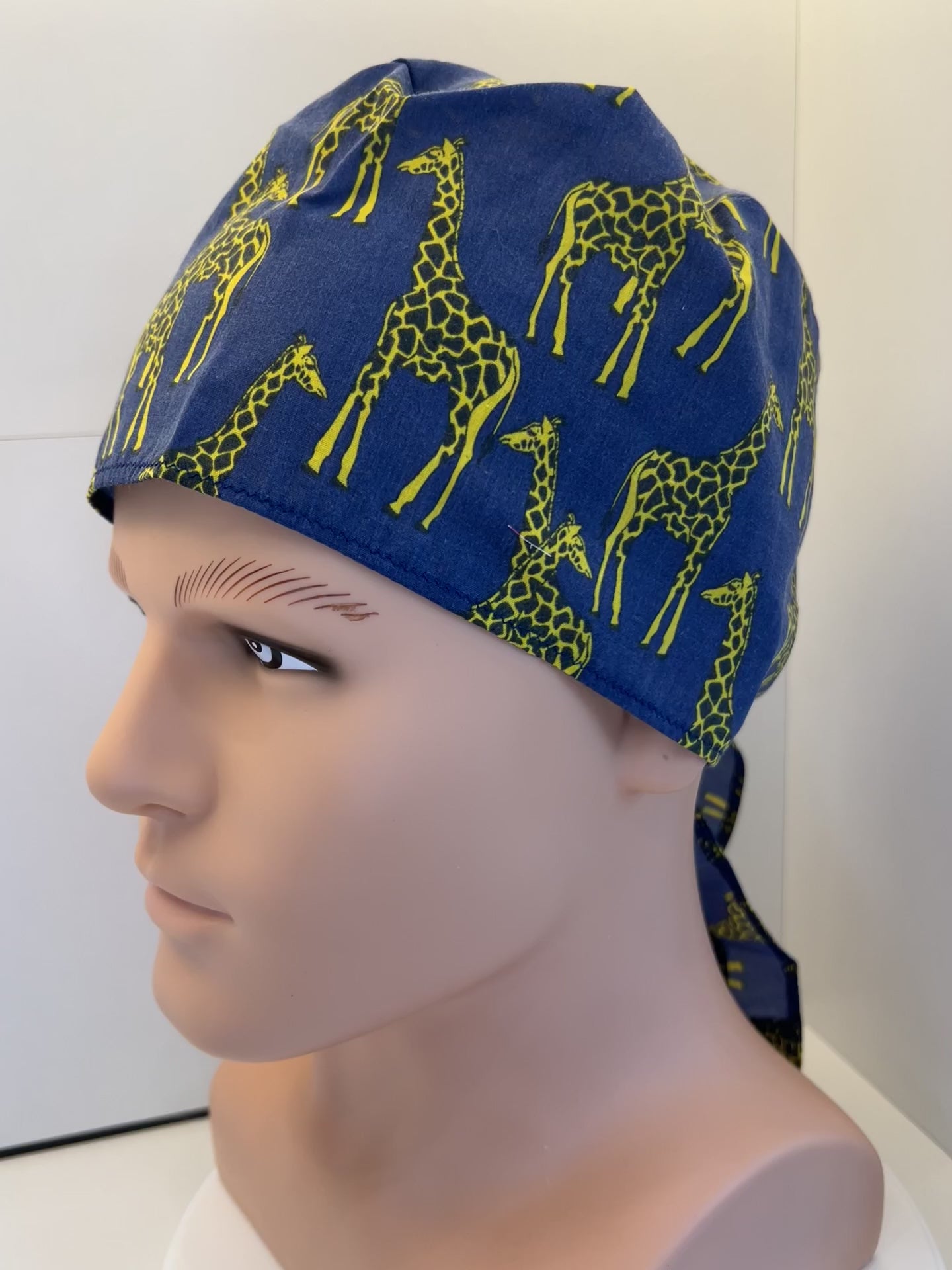 Blue Giraffes 100% Cotton Tie-Back Surgical/Theatre Scrub Hat/Cap. UK Handmade