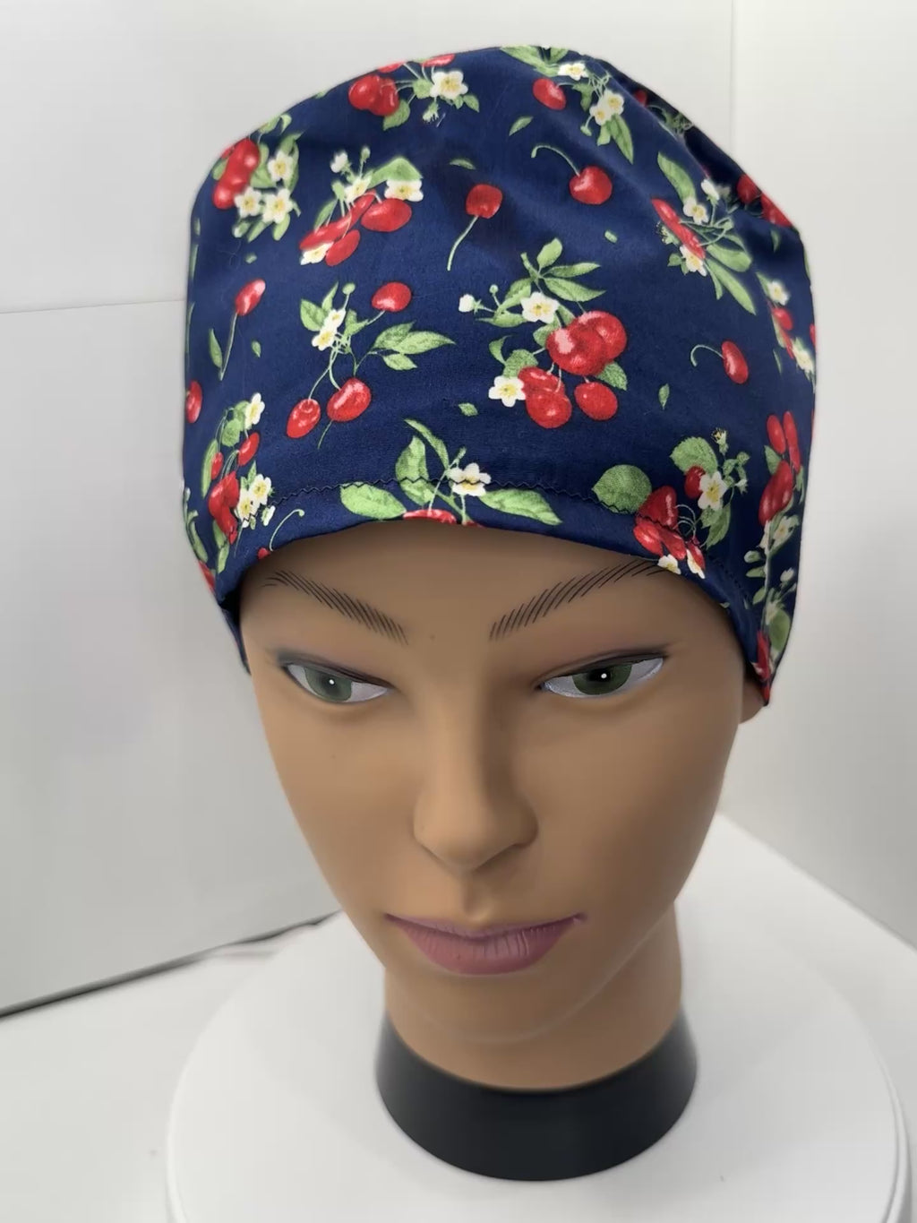 Red Cherries 100% Cotton Theatre Hat/Scrub Cap, Optional Satin Lining