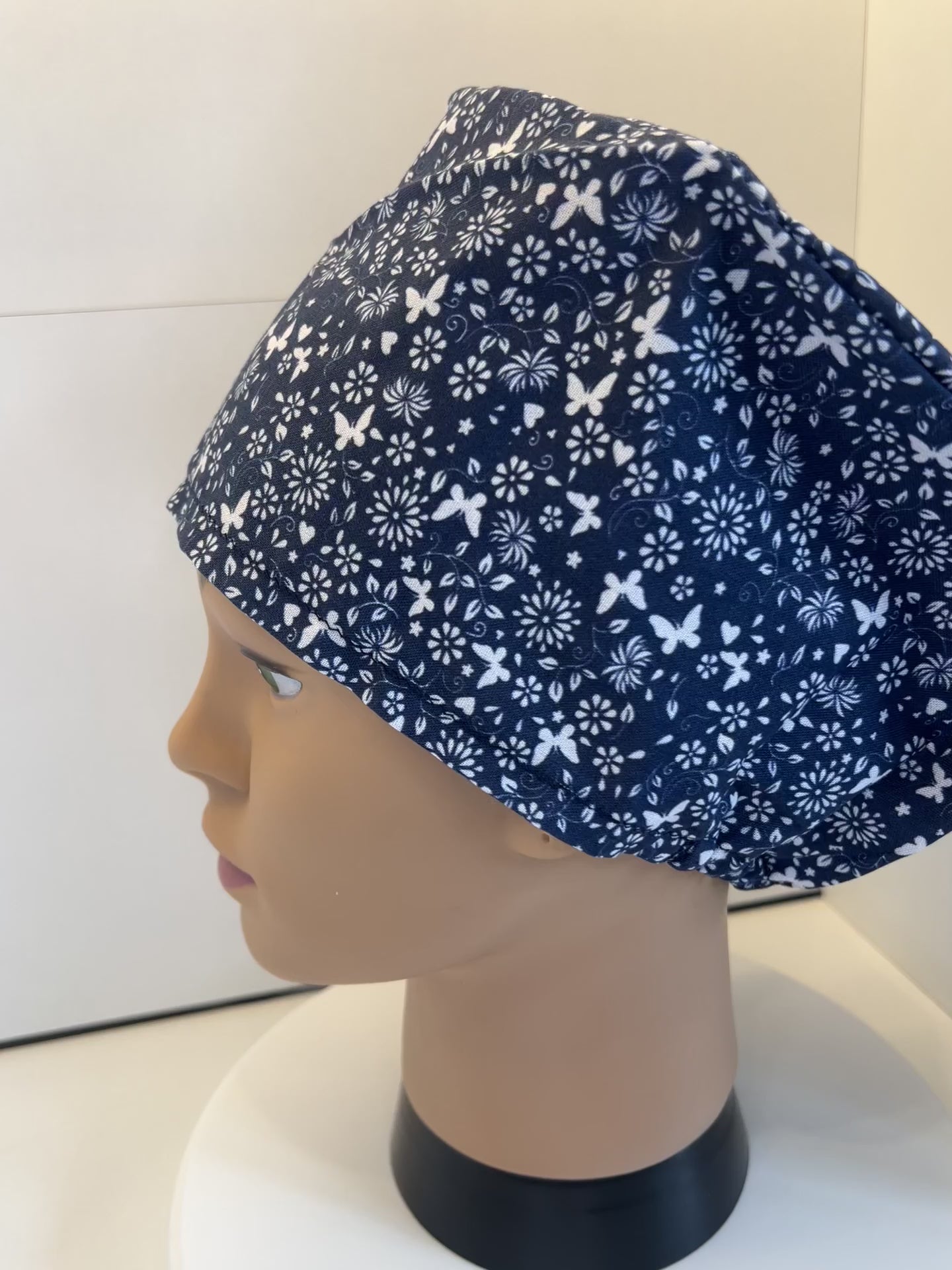 NavyButterfly Floral 100% Cotton Theatre Hat/Scrub Cap