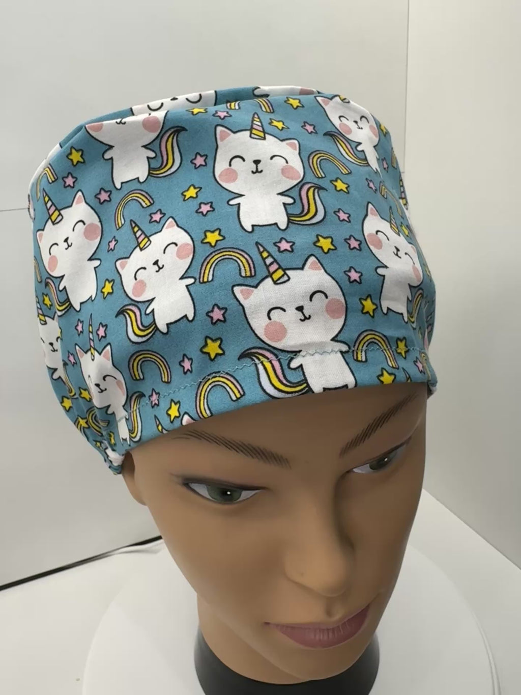 Rainbow Unicorn Cats 100% Cotton Theatre Hat/Scrub Cap, Optional Satin Lining