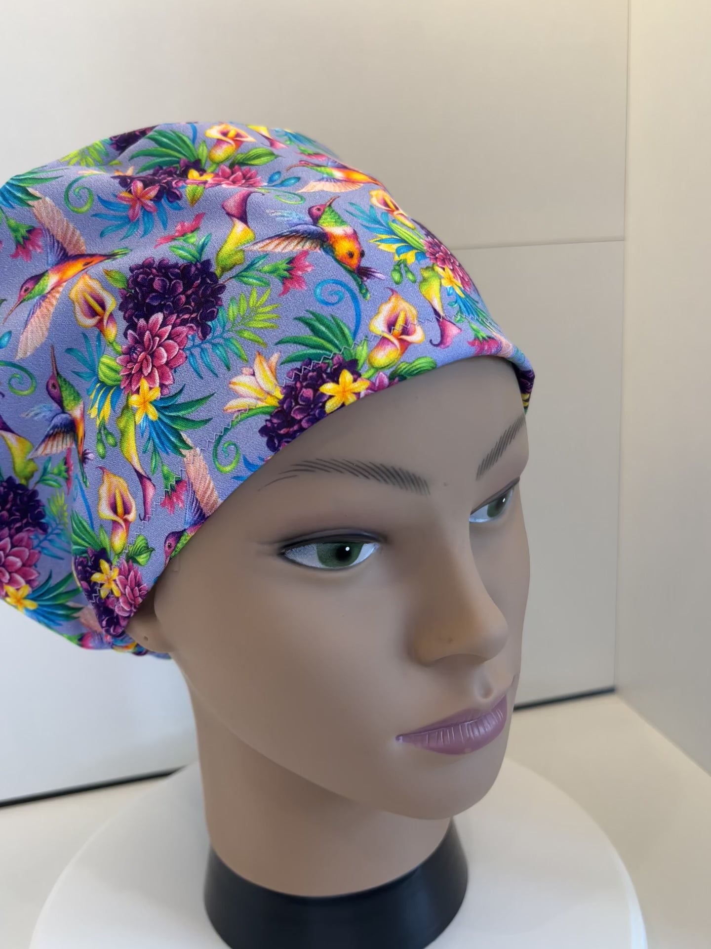 Lilac Tropical Garden 100% Cotton Fabric Scrub Cap/Theatre Hat - Optional Satin Lining