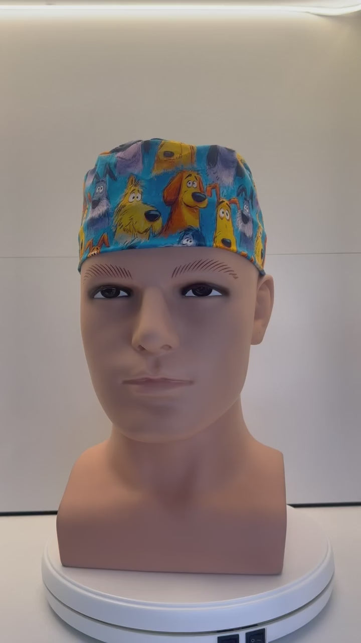 Scruffy Dogs Cotton Fabric tie-back theatre scrub cap / hat