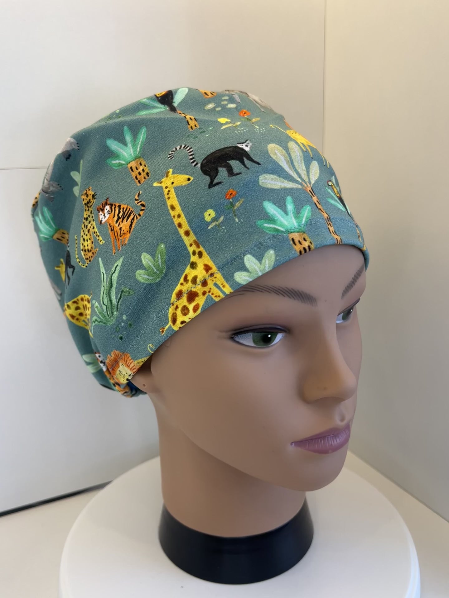 Sage Jungle Animals Soft Jersey Fabric theatre scrub cap / hat.  Ethically made. Standard and Large size