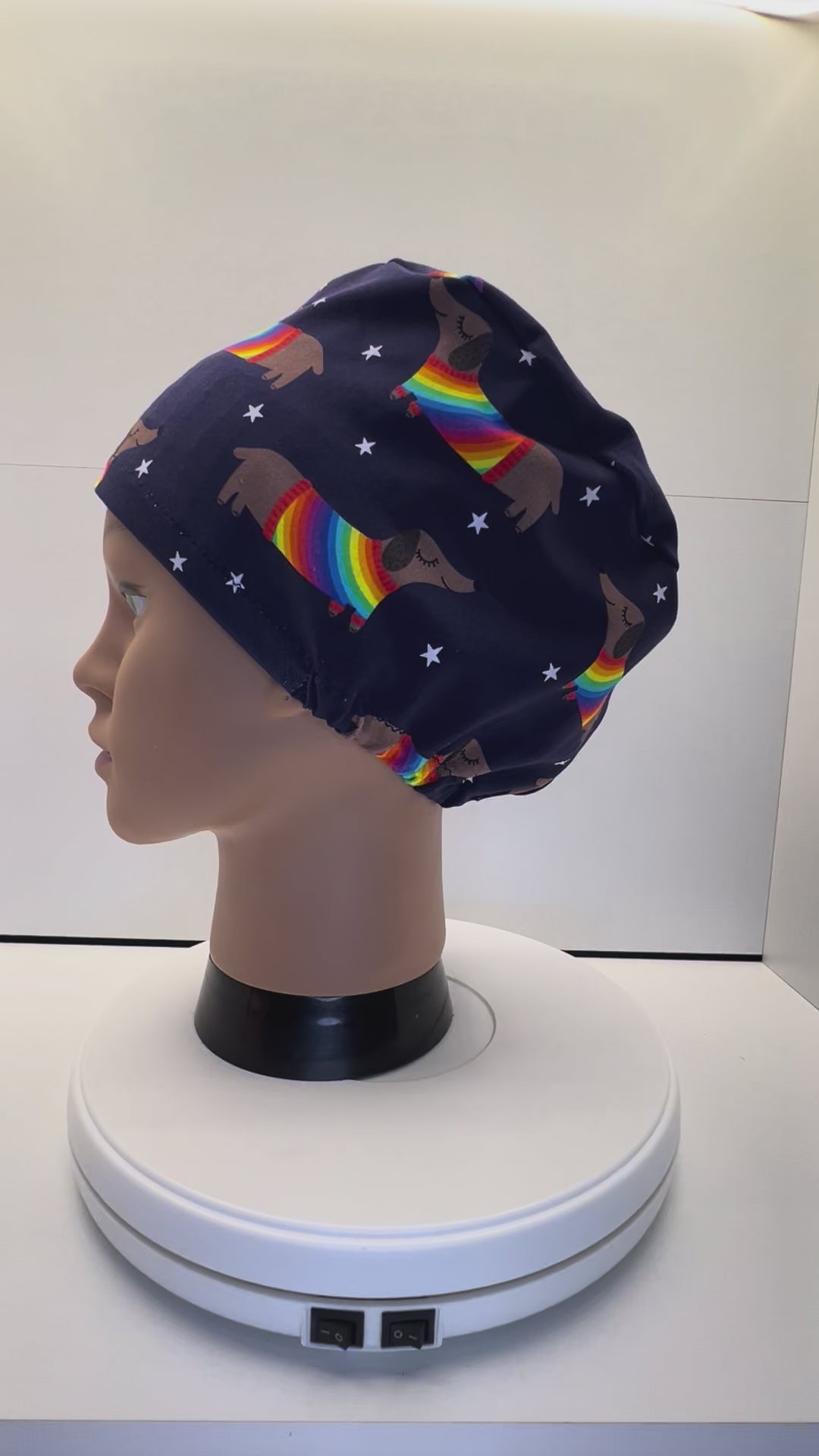 Rainbow Sausage Dog Print Jersey Theatre Hat.  Standard & Large Size.