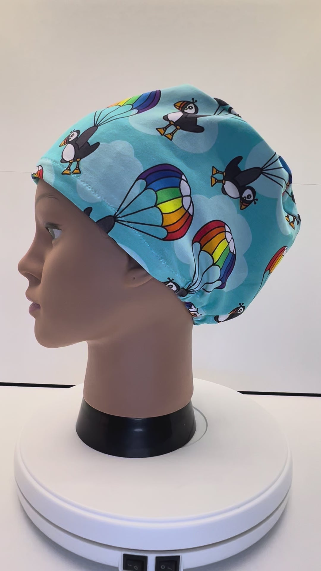 Parachuting Puffins Stretch Jersey Theatre Hat.  Standard & Large Size