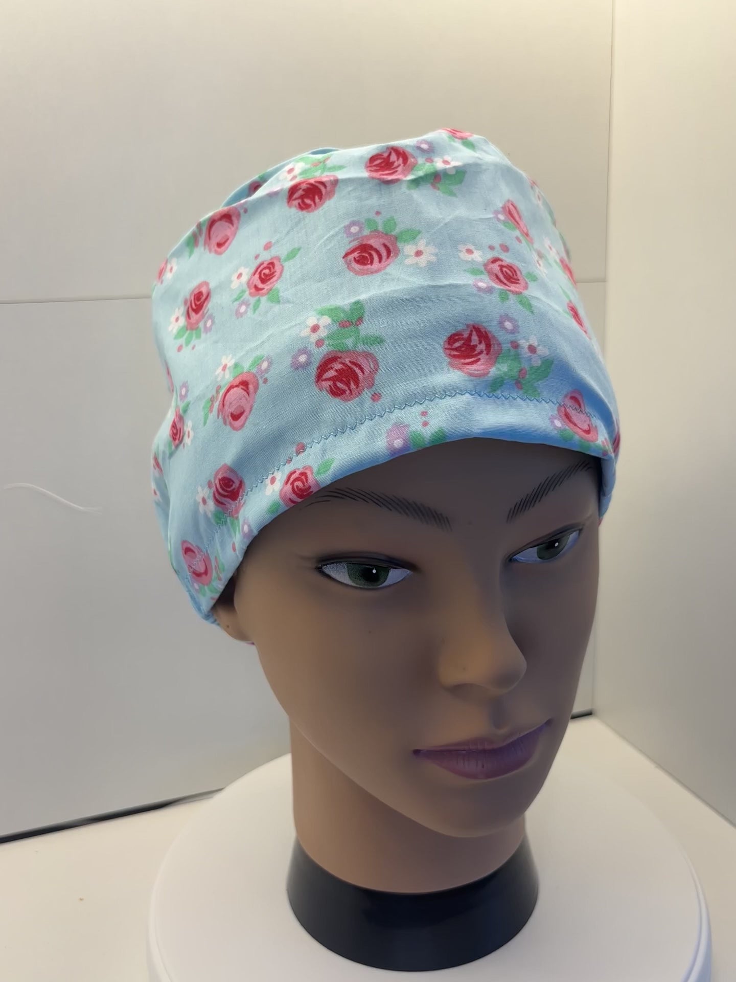 Pink Roses on Blue 100% Cotton Theatre Hat/Scrub Cap, Optional Satin Lining