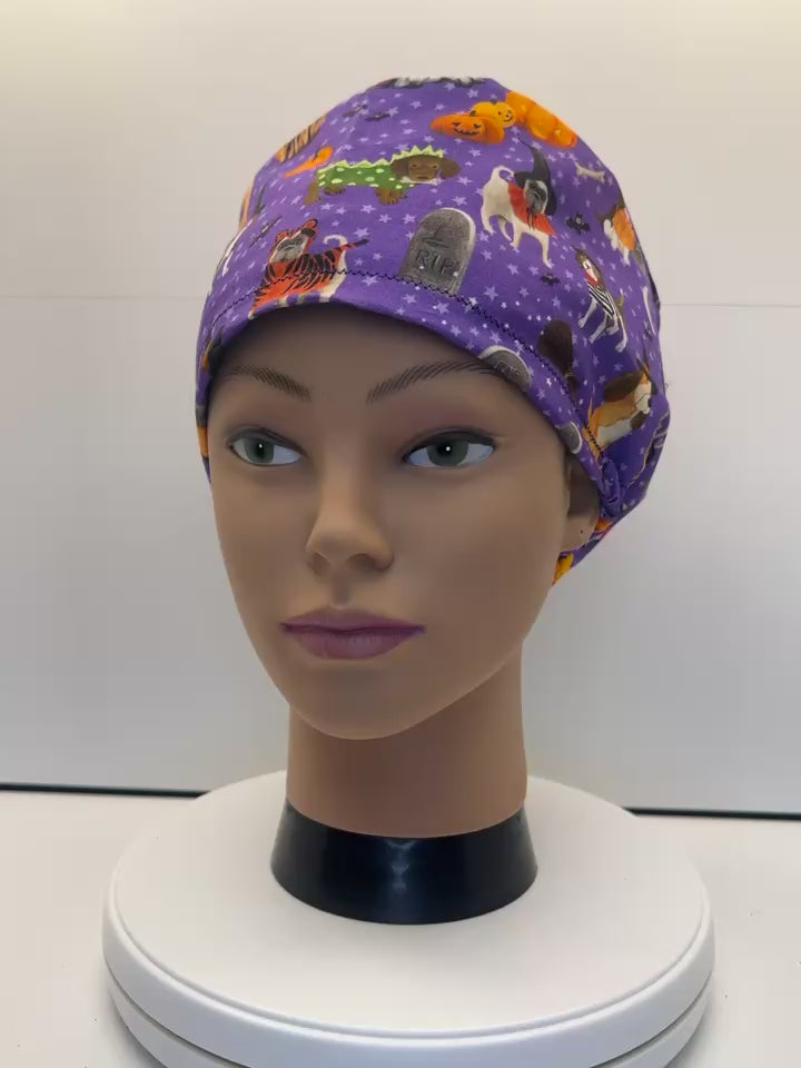 Halloween Hounds 100% Cotton Theatre Scrub Hat/Cap.  Optional Satin lining