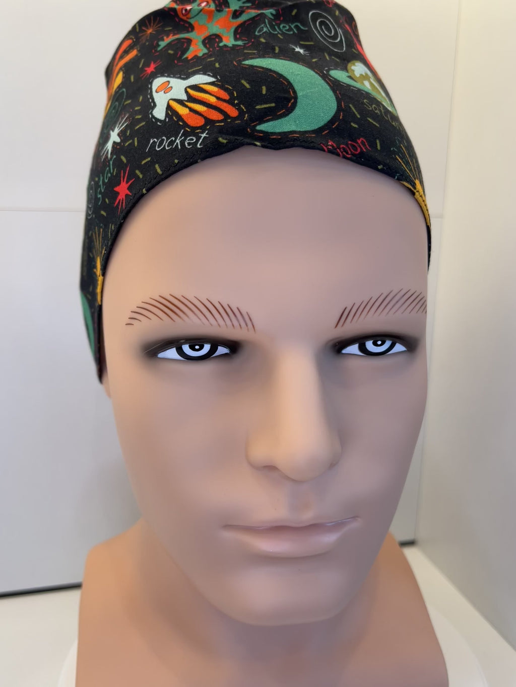 Black Space Explorers 100% Cotton Tie-Back Surgical/Theatre Scrub Hat/Cap. UK Handmade