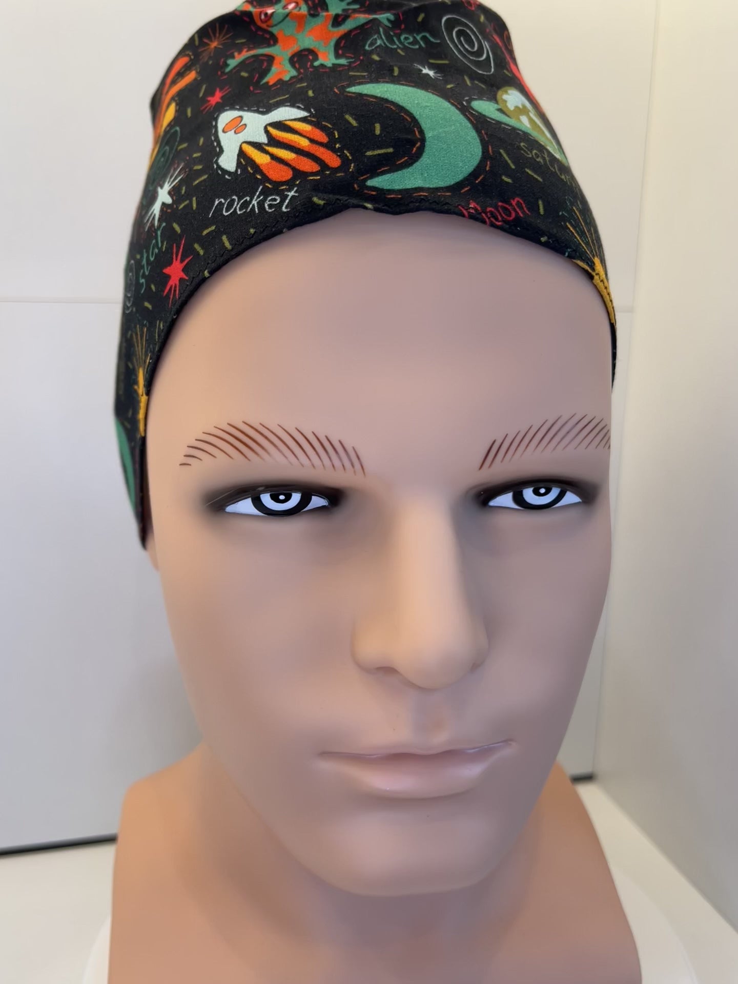 Black Space Explorers 100% Cotton Tie-Back Surgical/Theatre Scrub Hat/Cap. UK Handmade