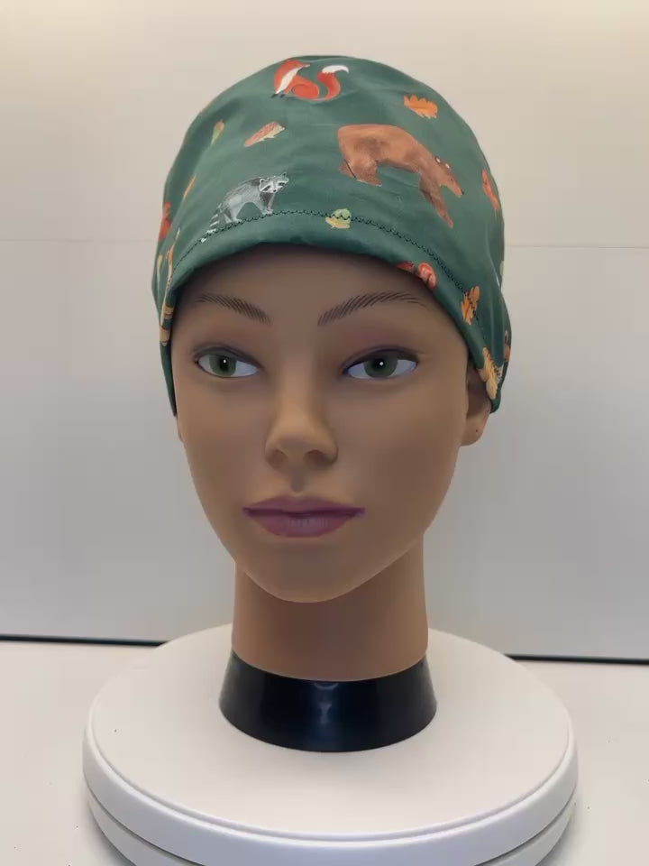 Woodland Wanderers Autumn 100% Cotton Theatre Scrub Hat/Cap.  Optional Satin lining
