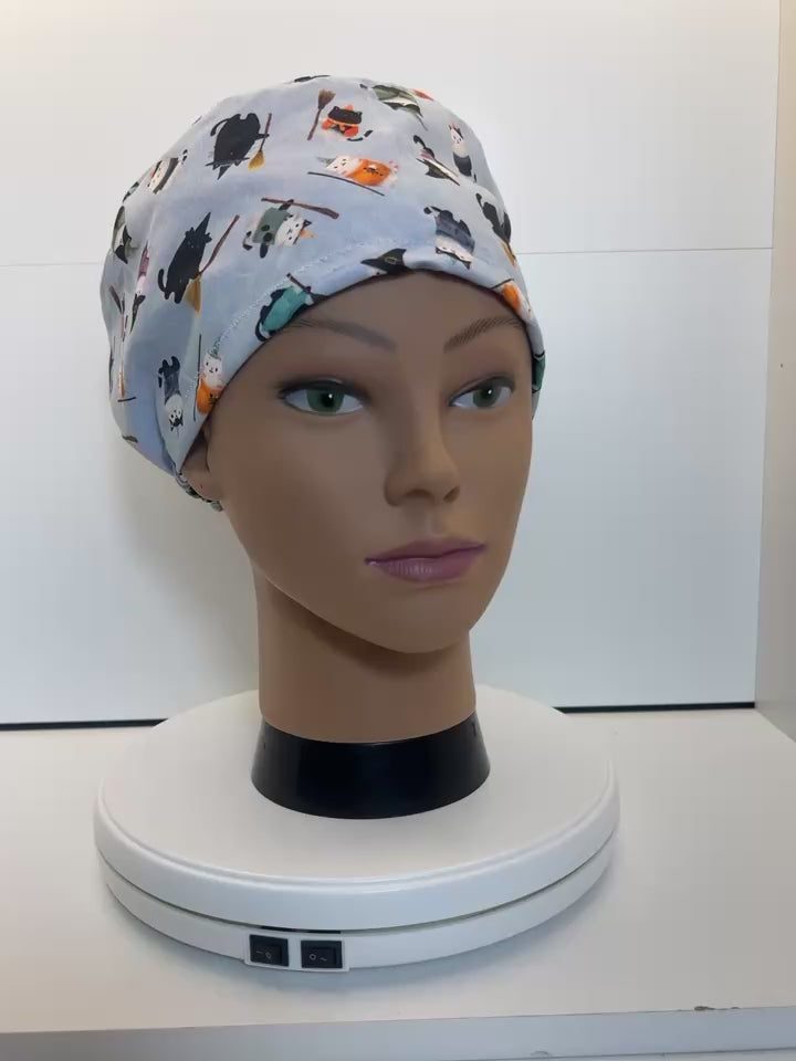 Cats in Hats Halloween 100% Cotton Theatre Scrub Hat/Cap.  Optional Satin lining
