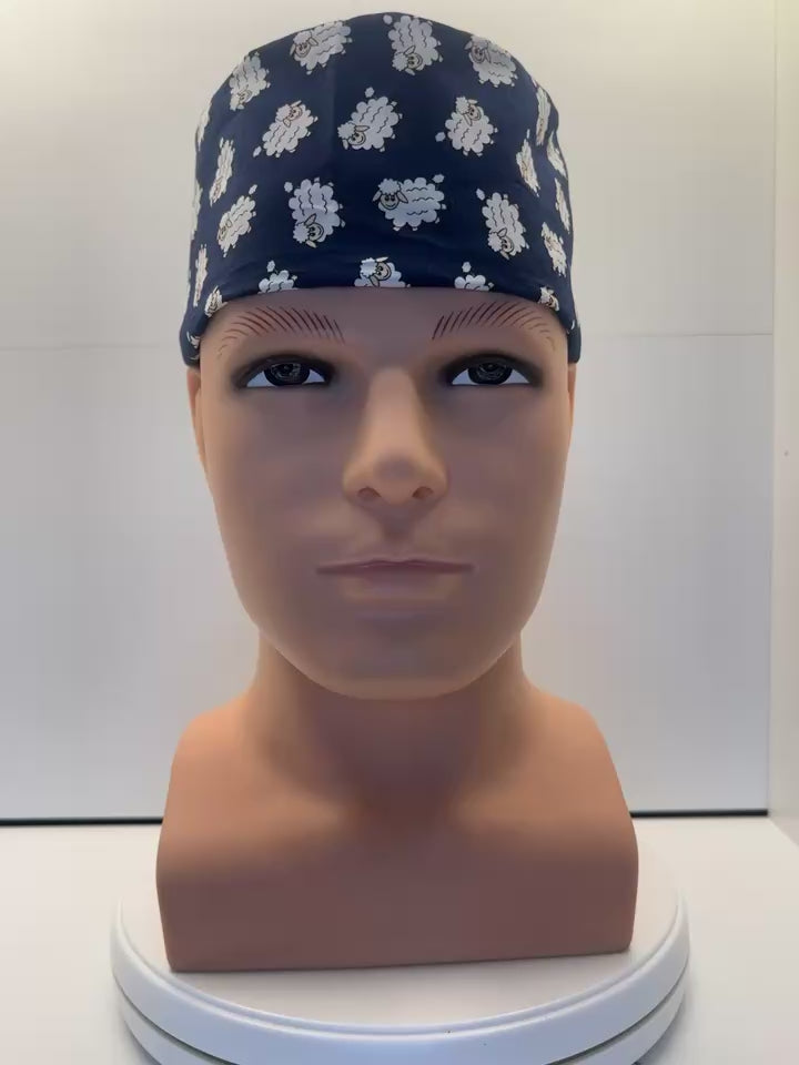 Sheep Dreams 100% Cotton Tie-Back Surgical/Theatre Scrub Hat/Cap. UK Handmade