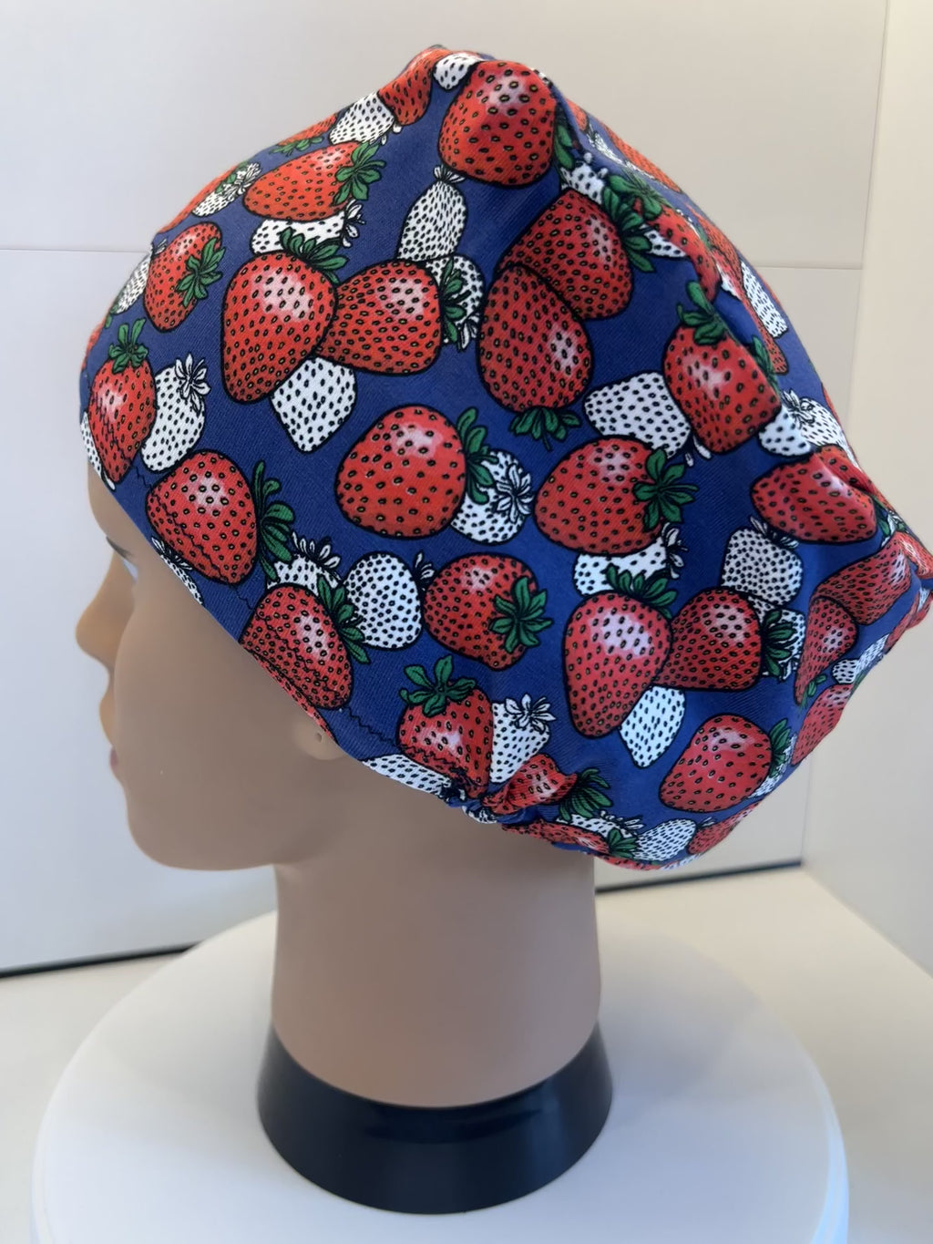 Navy Strawberries Soft Jersey Fabric theatre scrub cap / hat.  Ethically made. Standard and Large size