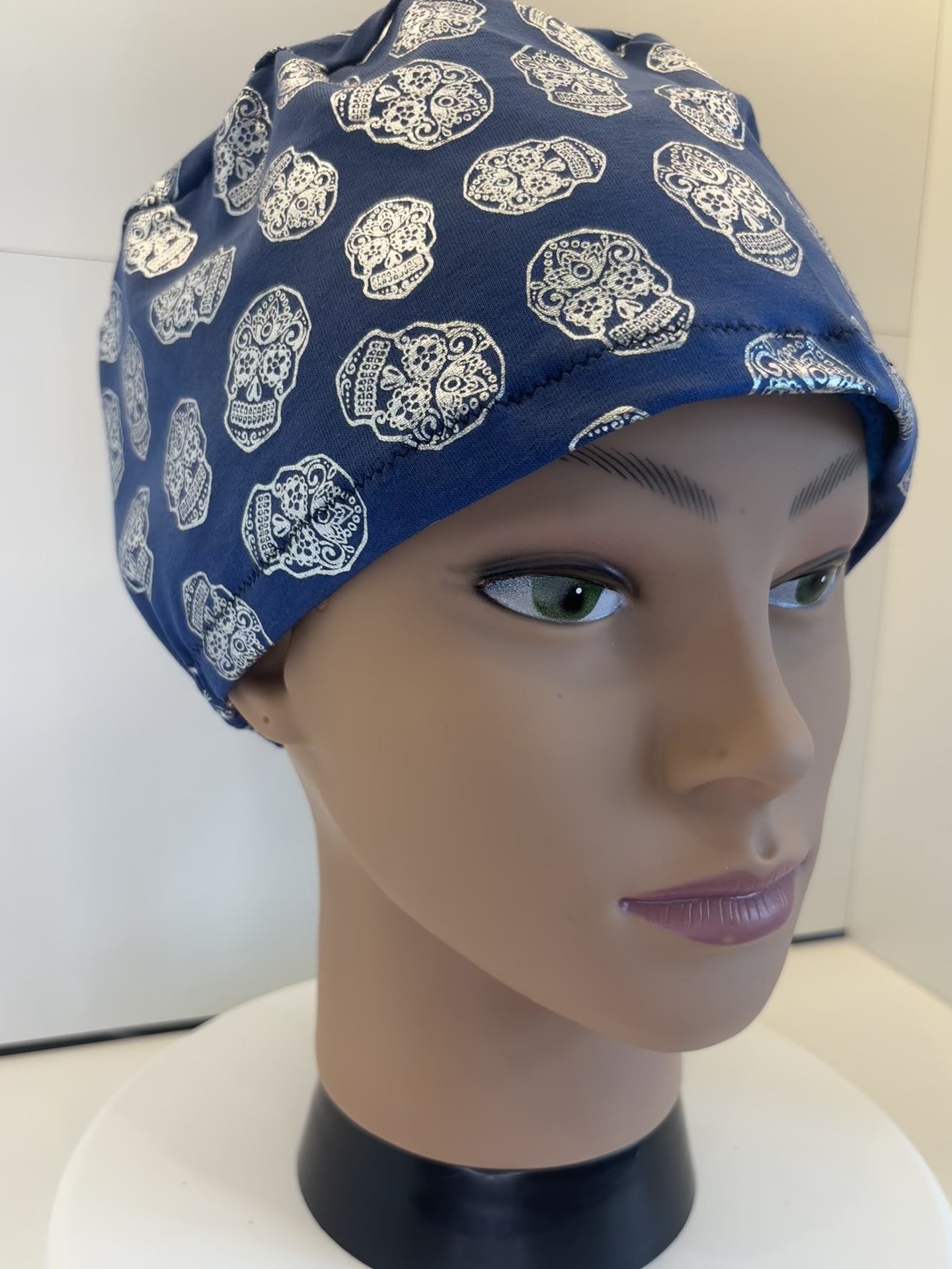 Blue Foil Skulls Premium Cotton Jersey Super Soft Surgical/Theatre Scrub Hat/Cap. UK Handmade