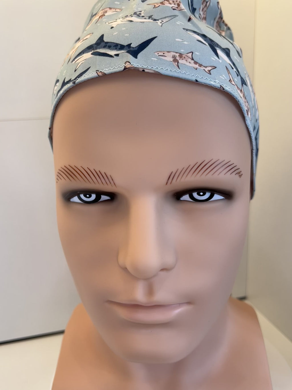 Blue Sharks 100% Cotton Tie-Back Surgical/Theatre Scrub Hat/Cap. UK Handmade