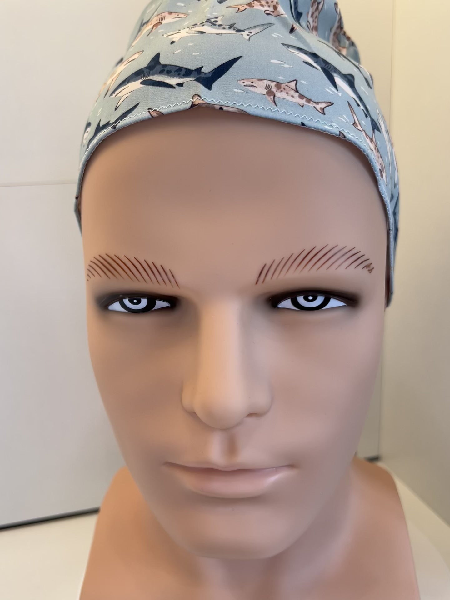 Blue Sharks 100% Cotton Tie-Back Surgical/Theatre Scrub Hat/Cap. UK Handmade