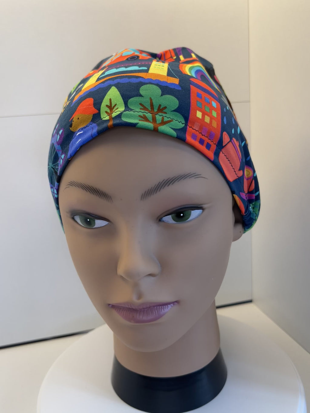 London themed Navy Soft Jersey Fabric theatre scrub cap / hat.  Ethically made. Standard and Large size
