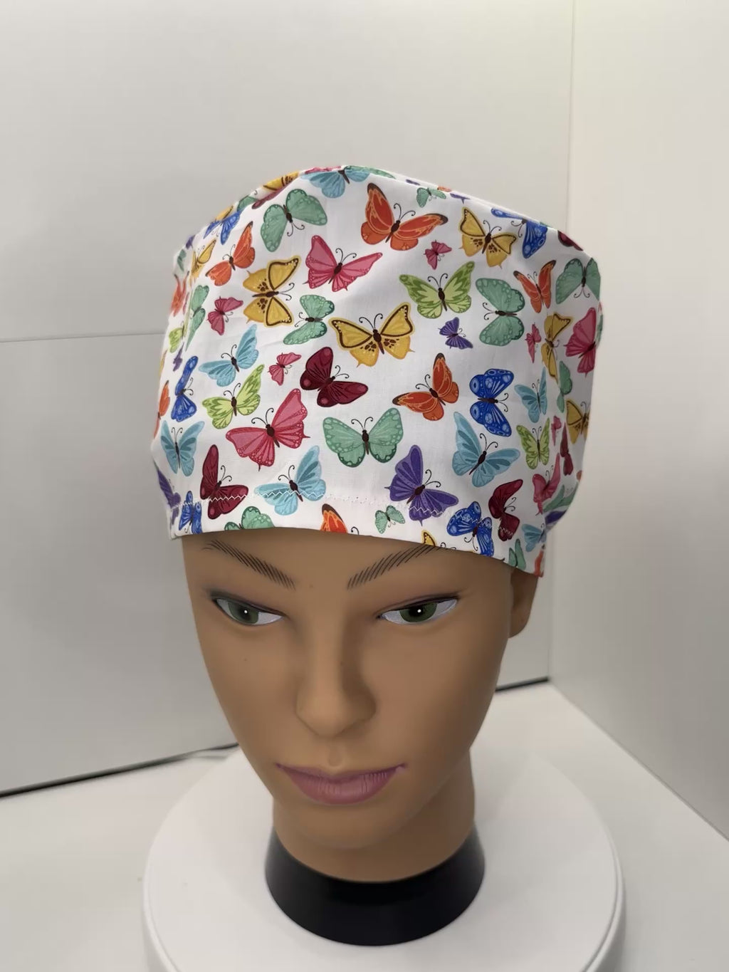 Colourful Butterflies 100% Cotton Theatre Hat/Scrub Cap, Optional Satin Lining