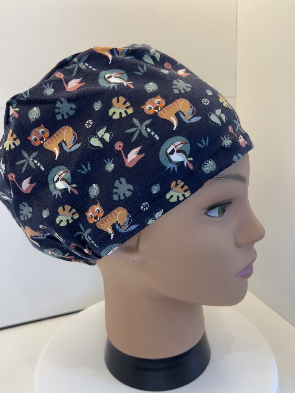 Navy Jungle Animals Soft Jersey Fabric theatre scrub cap / hat.  Ethically made. Standard and Large size