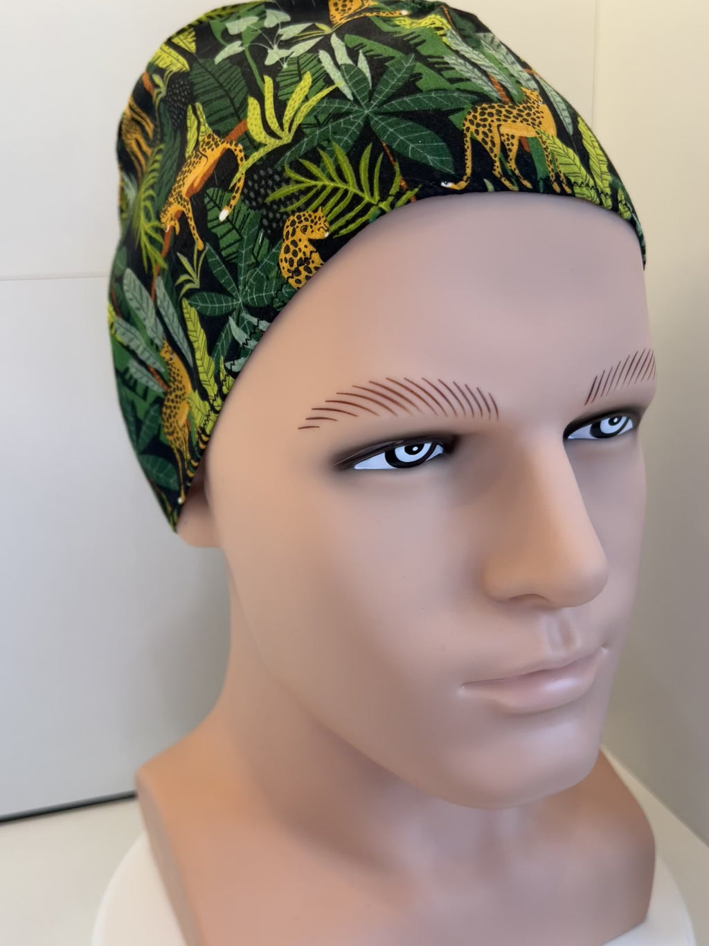 Jaguar Jungle Cotton Fabric tie-back theatre scrub cap / hat.  Ethically made