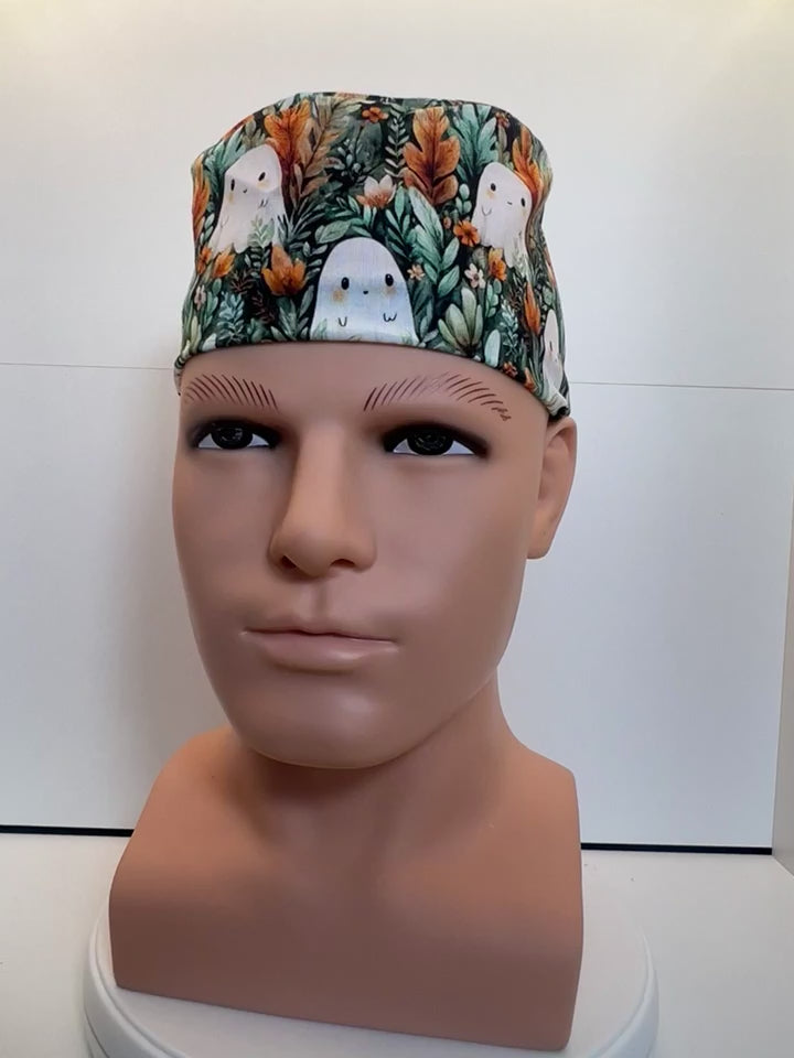 Ghostly Garden Halloween Tie-Back 100% Cotton Theatre Scrub Hat/Cap.