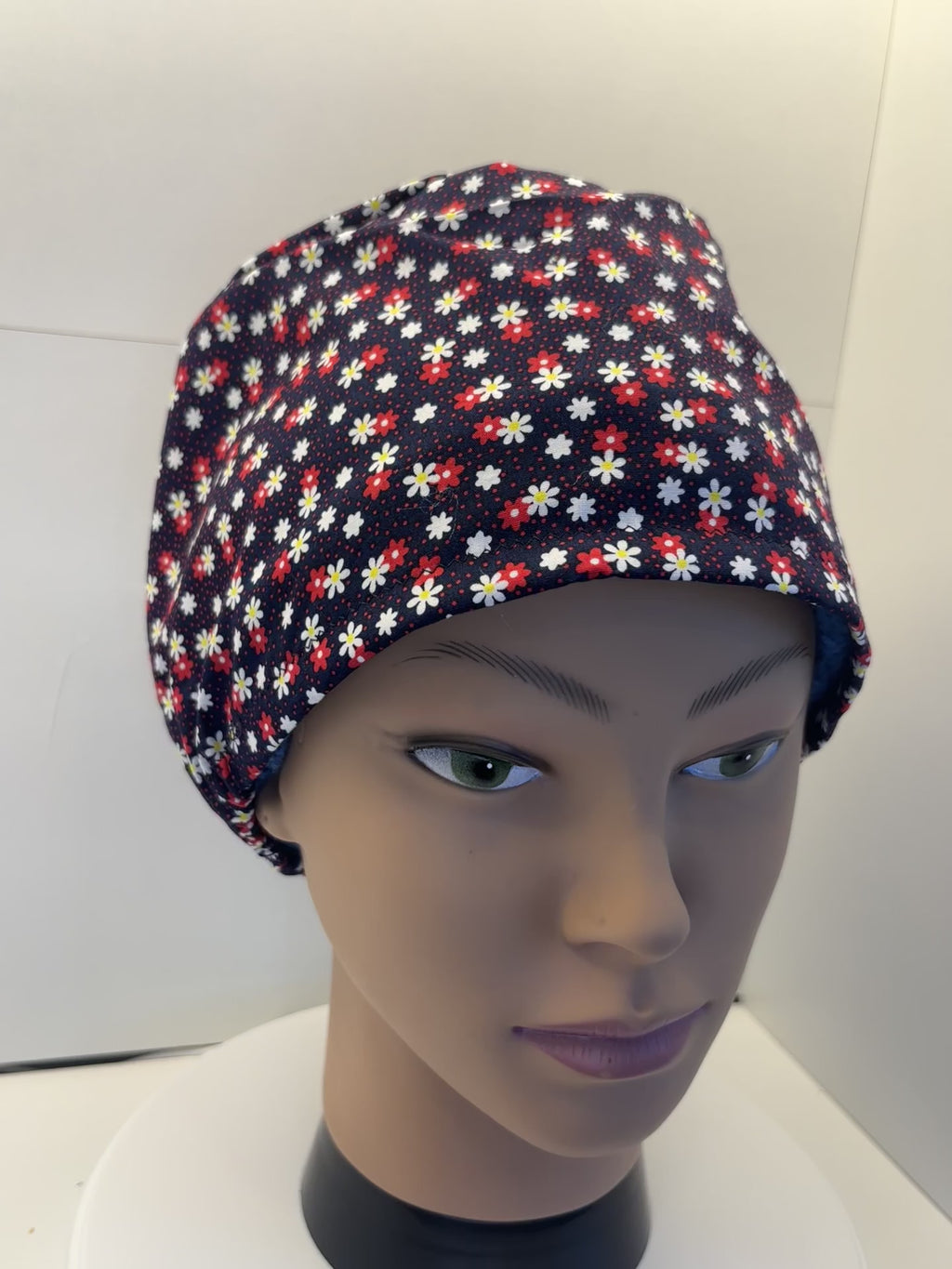 Navy Daisies 100% Cotton Theatre Hat/Scrub Cap Optional Satin Lining