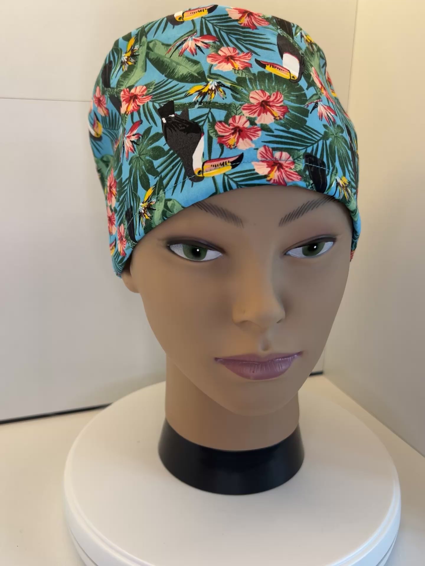 Blue Tropical Toucans 100% Cotton Surgical/Theatre Scrub Hat/Cap. UK Handmade. Optional Satin lining.