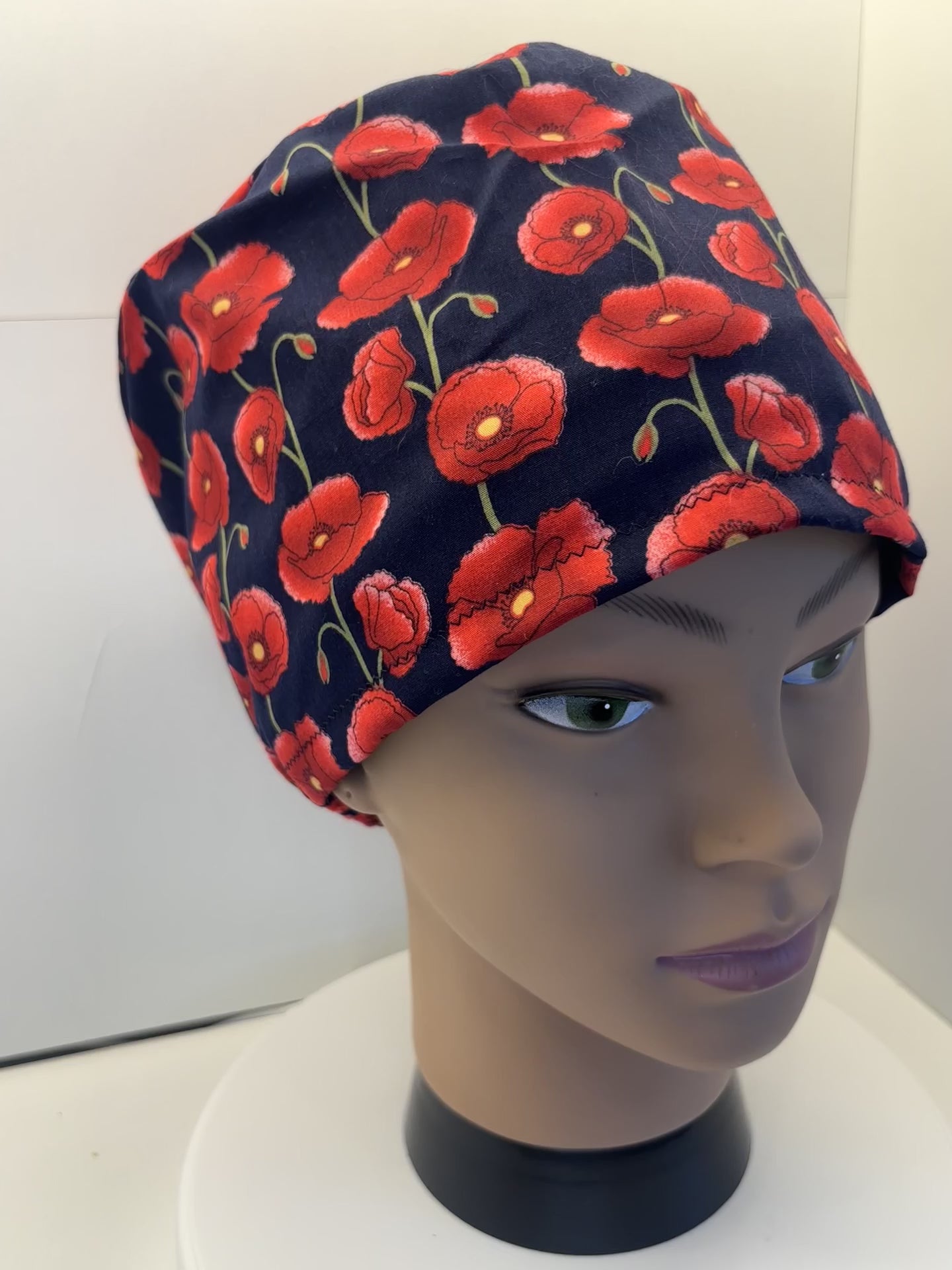 Navy Poppies 100% Cotton Theatre Hat/Scrub Cap Optional Satin Lining