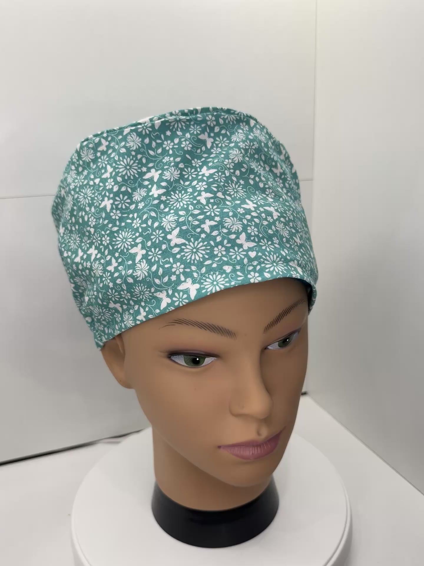 Mint Green Ditsy Flower and Butterfly 100% Cotton Theatre Hat/Scrub Cap Optional Satin Lining