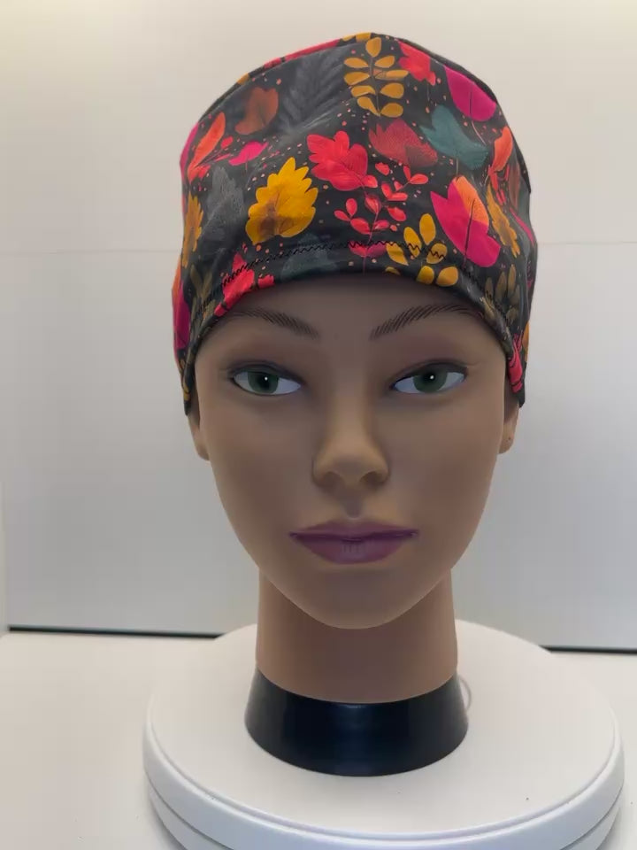 Falling Leaves Autumn 100% Cotton Theatre Scrub Hat/Cap.  Optional Satin lining